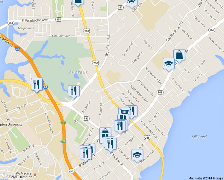 map of restaurants, bars, coffee shops, grocery stores, and more near 309 Clay Street in Hampton