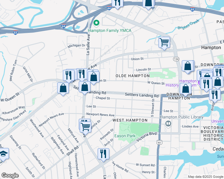map of restaurants, bars, coffee shops, grocery stores, and more near 135 Settlers Landing Road in Hampton