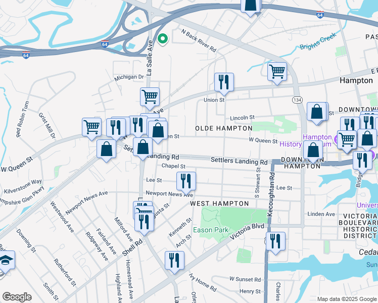 map of restaurants, bars, coffee shops, grocery stores, and more near 135 Settlers Landing Road in Hampton