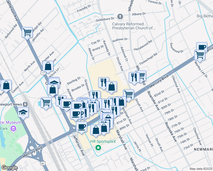 map of restaurants, bars, coffee shops, grocery stores, and more near 5200 West Mercury Boulevard in Newport News