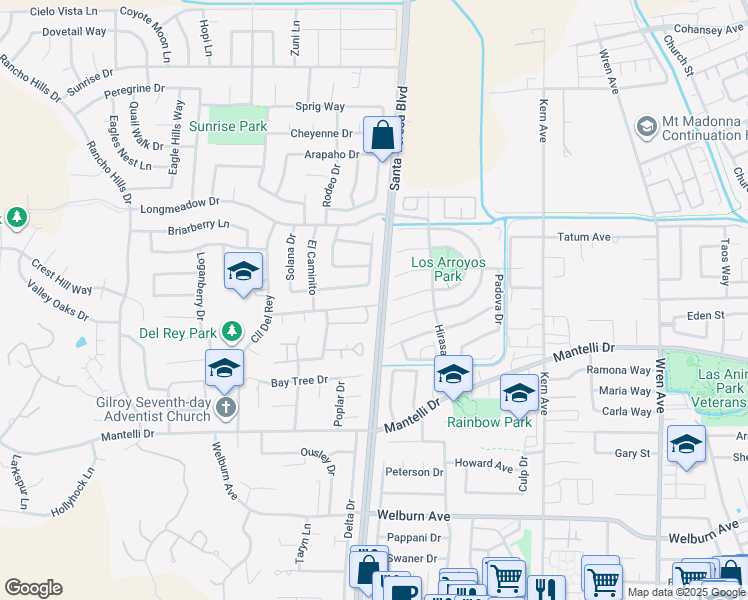 map of restaurants, bars, coffee shops, grocery stores, and more near 1143 Lerma Lane in Gilroy
