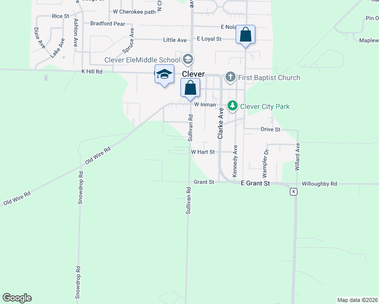 map of restaurants, bars, coffee shops, grocery stores, and more near South Public Avenue in Clever