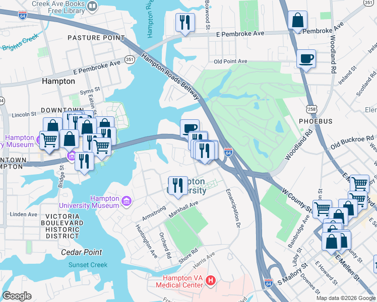 map of restaurants, bars, coffee shops, grocery stores, and more near Mariners Cove Road in Hampton