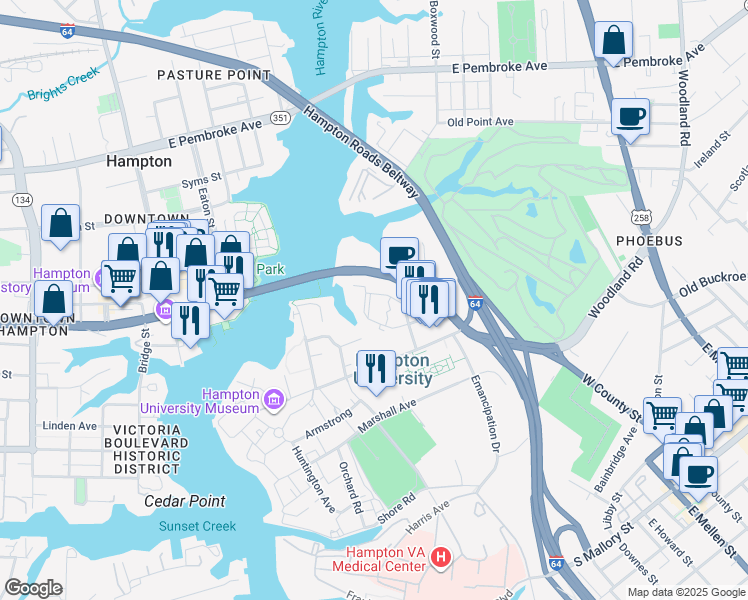 map of restaurants, bars, coffee shops, grocery stores, and more near 8 Hampton Harbor Avenue in Hampton
