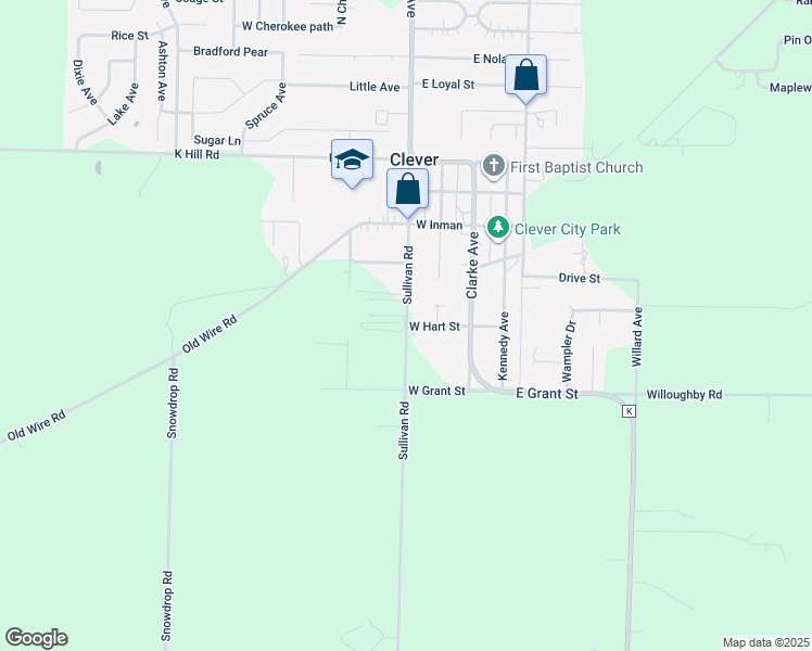 map of restaurants, bars, coffee shops, grocery stores, and more near South Public Avenue in Clever