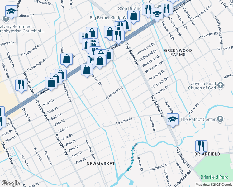 map of restaurants, bars, coffee shops, grocery stores, and more near 4005 West Weaver Road in Hampton