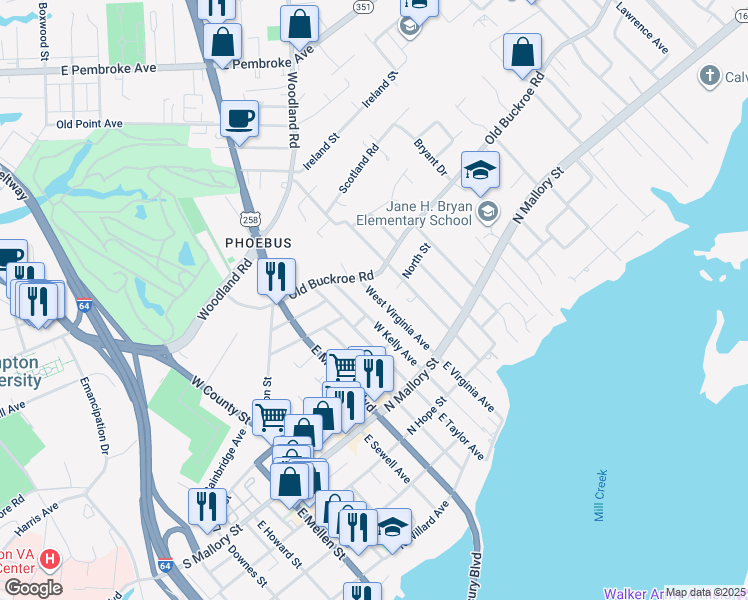 map of restaurants, bars, coffee shops, grocery stores, and more near 67 West Virginia Avenue in Hampton