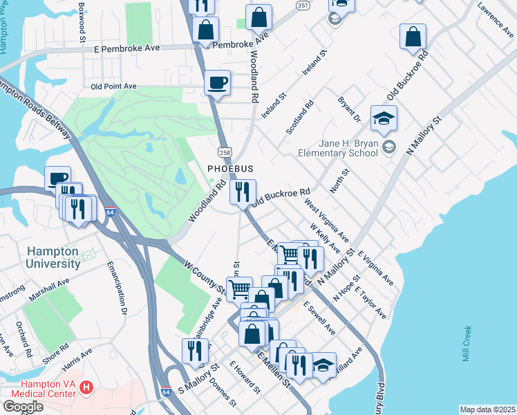 map of restaurants, bars, coffee shops, grocery stores, and more near 304 Clay Street in Hampton