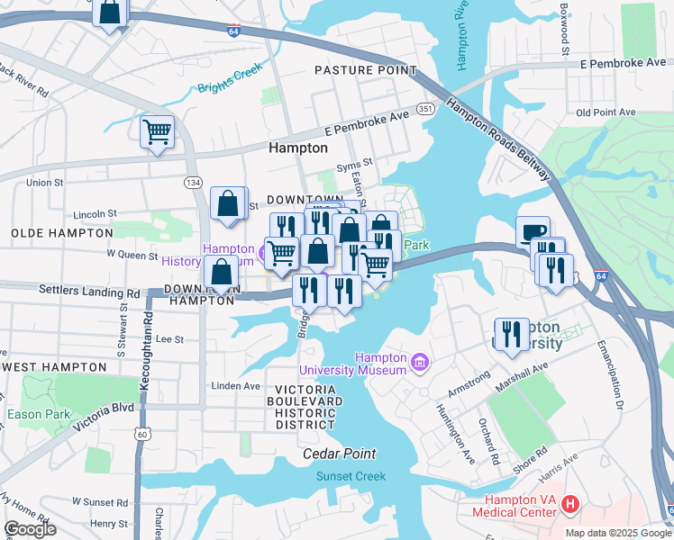 map of restaurants, bars, coffee shops, grocery stores, and more near 28 South King Street in Hampton