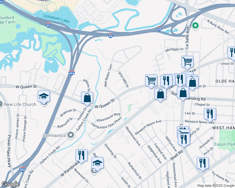 map of restaurants, bars, coffee shops, grocery stores, and more near 62 Hampshire Glen Parkway in Hampton
