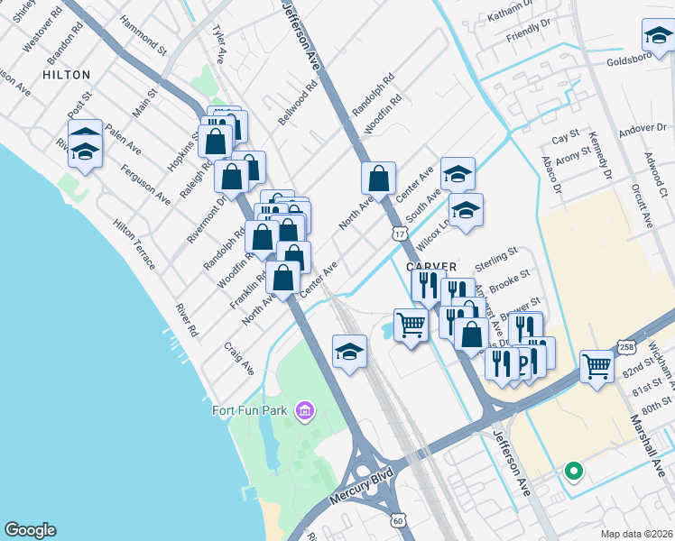 map of restaurants, bars, coffee shops, grocery stores, and more near 447 South Avenue in Newport News