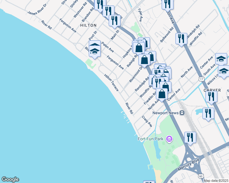 map of restaurants, bars, coffee shops, grocery stores, and more near 15 Hilton Terrace in Newport News