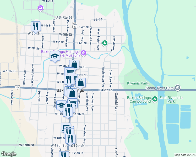 map of restaurants, bars, coffee shops, grocery stores, and more near 328 East 11th Street in Baxter Springs