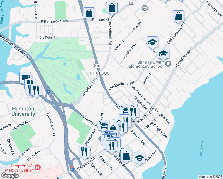 map of restaurants, bars, coffee shops, grocery stores, and more near 304 Clay Street in Hampton