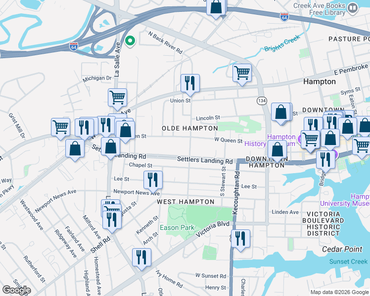 map of restaurants, bars, coffee shops, grocery stores, and more near 158 Settlers Landing Road in Hampton