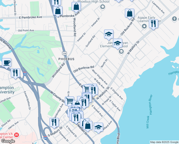 map of restaurants, bars, coffee shops, grocery stores, and more near 212 West Kelly Avenue in Hampton