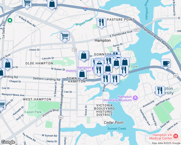map of restaurants, bars, coffee shops, grocery stores, and more near 120 West Queens Way in Hampton