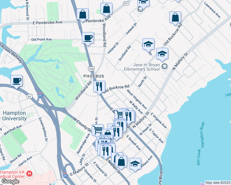 map of restaurants, bars, coffee shops, grocery stores, and more near 226 West Taylor Avenue in Hampton
