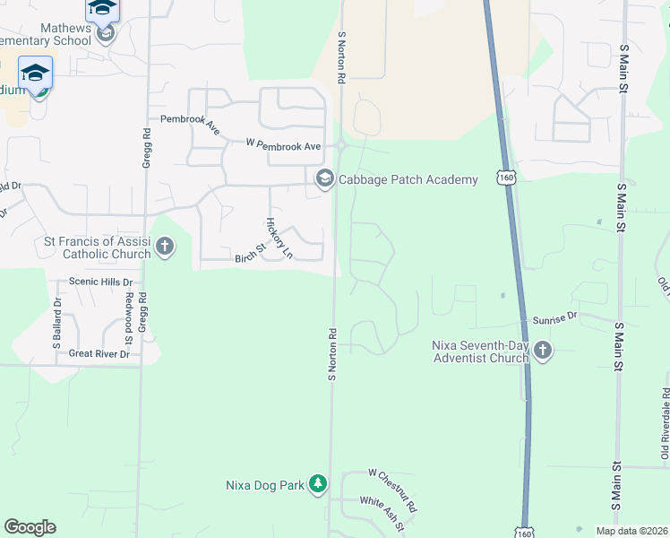 map of restaurants, bars, coffee shops, grocery stores, and more near Norton Rd in Nixa