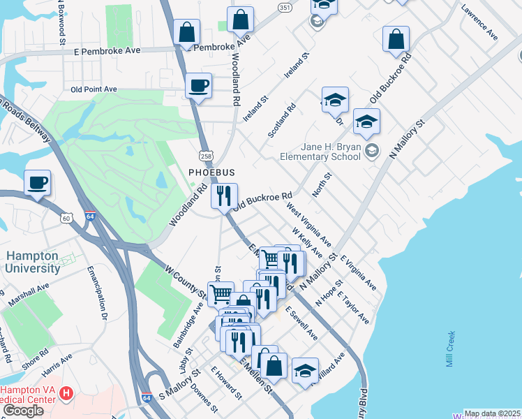 map of restaurants, bars, coffee shops, grocery stores, and more near 226 West Taylor Avenue in Hampton