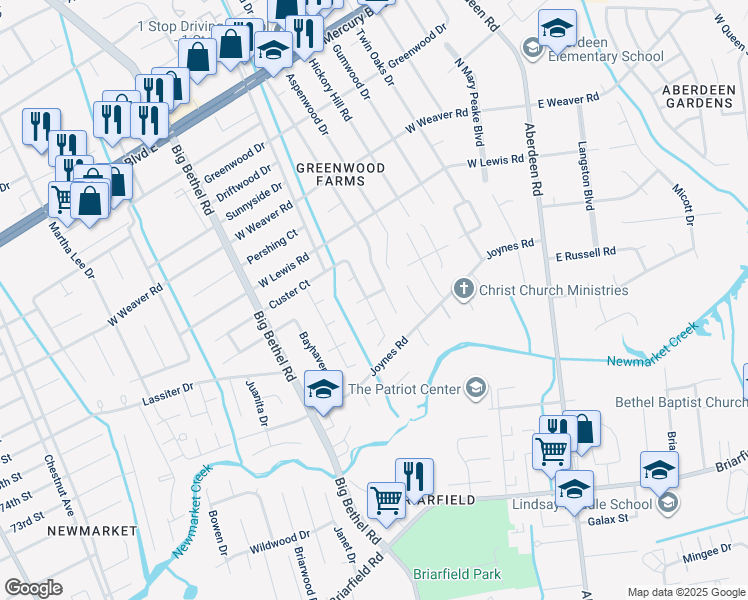 map of restaurants, bars, coffee shops, grocery stores, and more near 219 Eastfield Court in Hampton