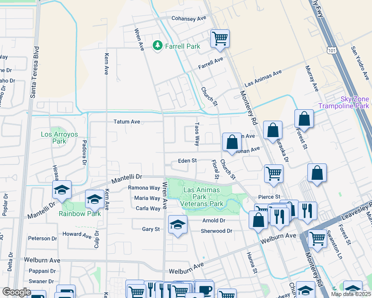 map of restaurants, bars, coffee shops, grocery stores, and more near 355 Ronan Avenue in Gilroy