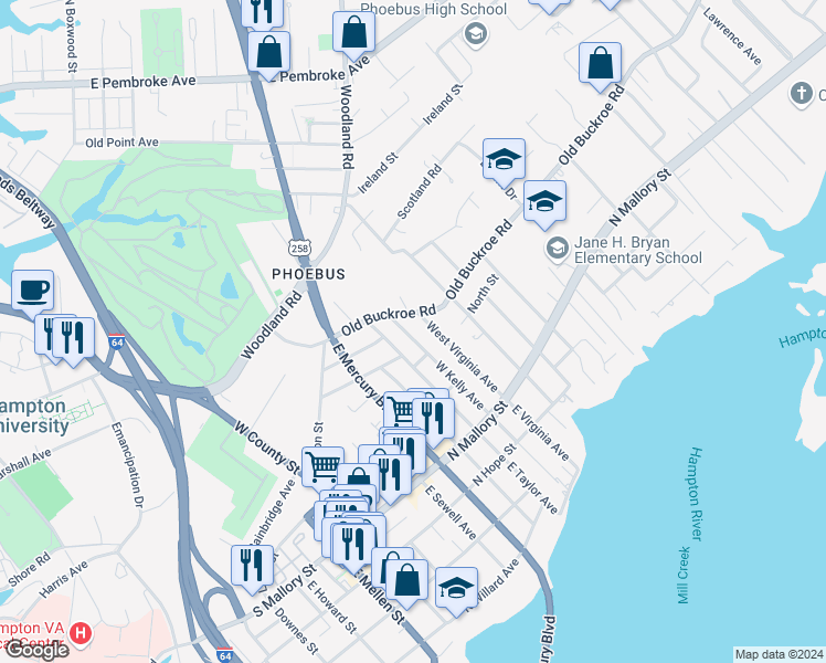 map of restaurants, bars, coffee shops, grocery stores, and more near 212 West Kelly Avenue in Hampton