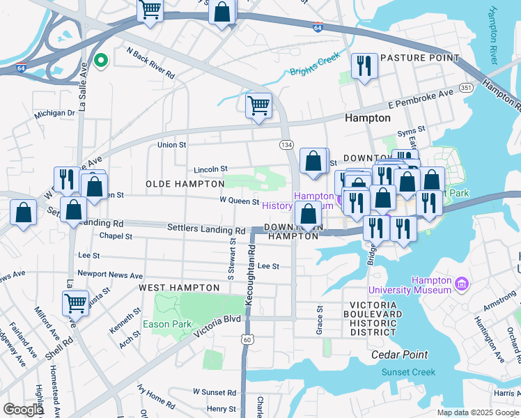 map of restaurants, bars, coffee shops, grocery stores, and more near 249 West Queen Street in Hampton