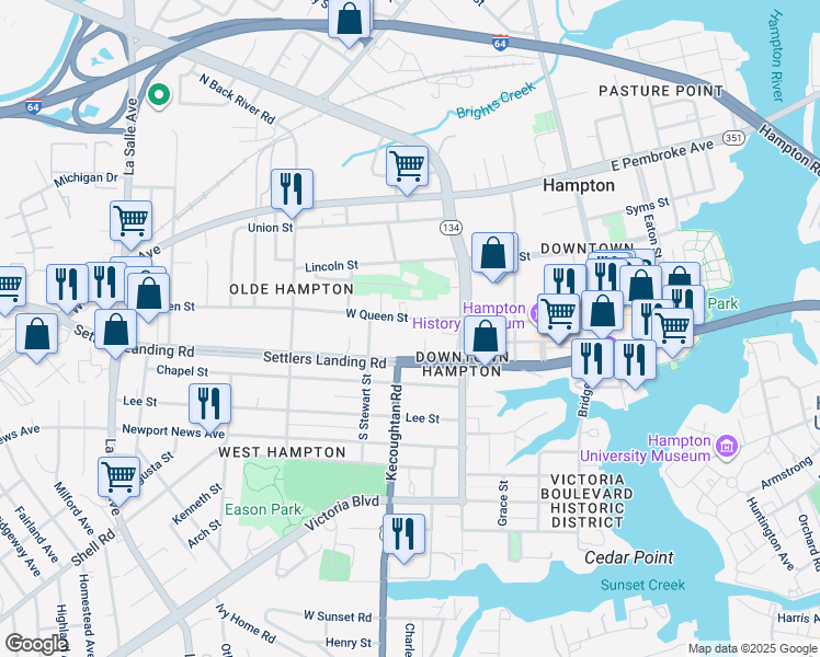 map of restaurants, bars, coffee shops, grocery stores, and more near 249 West Queen Street in Hampton