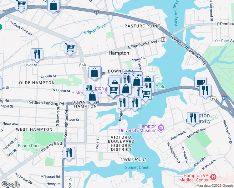 map of restaurants, bars, coffee shops, grocery stores, and more near 47 West Queens Court in Hampton