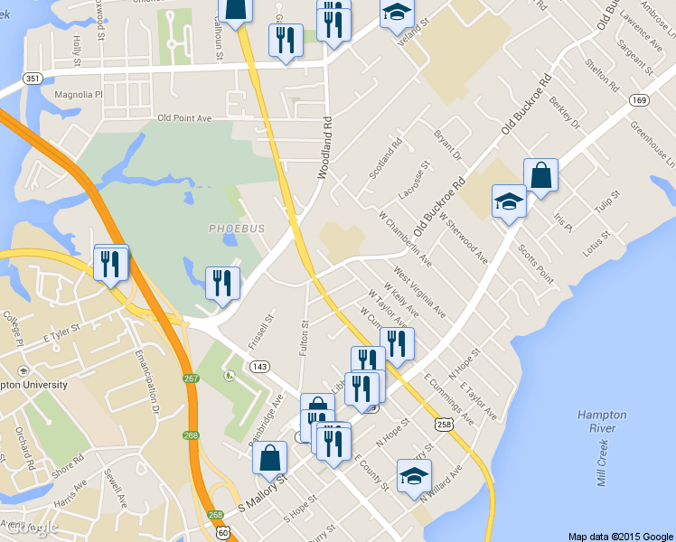 map of restaurants, bars, coffee shops, grocery stores, and more near 25 Kimberly Avenue in Hampton