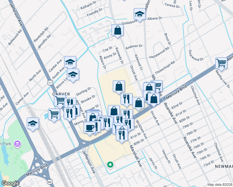 map of restaurants, bars, coffee shops, grocery stores, and more near 6158 Jefferson Avenue in Newport News