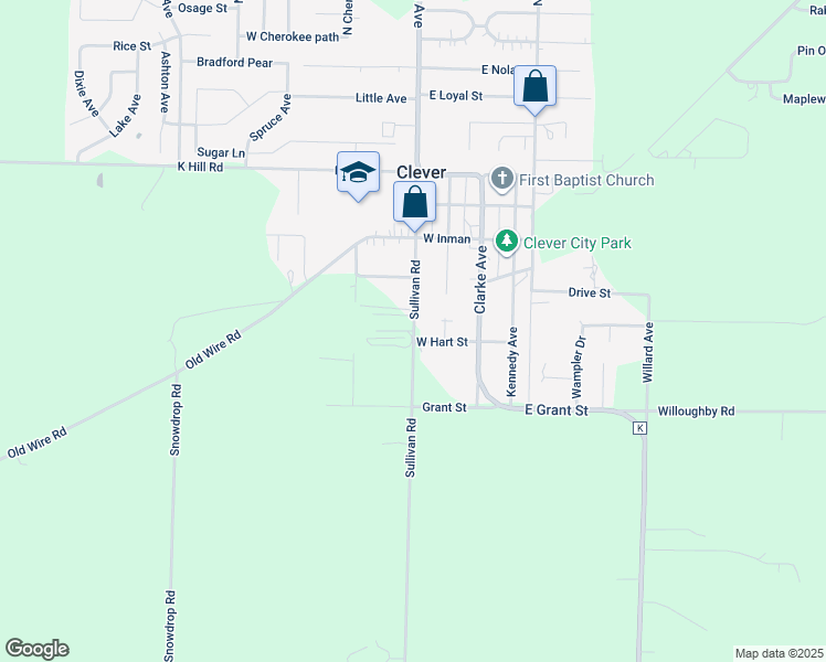 map of restaurants, bars, coffee shops, grocery stores, and more near 401-413 Sullivan Rd in Clever