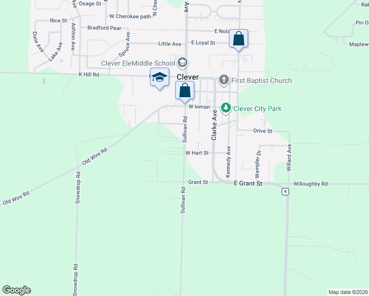 map of restaurants, bars, coffee shops, grocery stores, and more near 401-413 Sullivan Rd in Clever