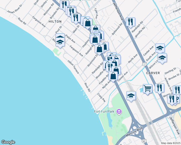 map of restaurants, bars, coffee shops, grocery stores, and more near 55 Randolph Road in Newport News