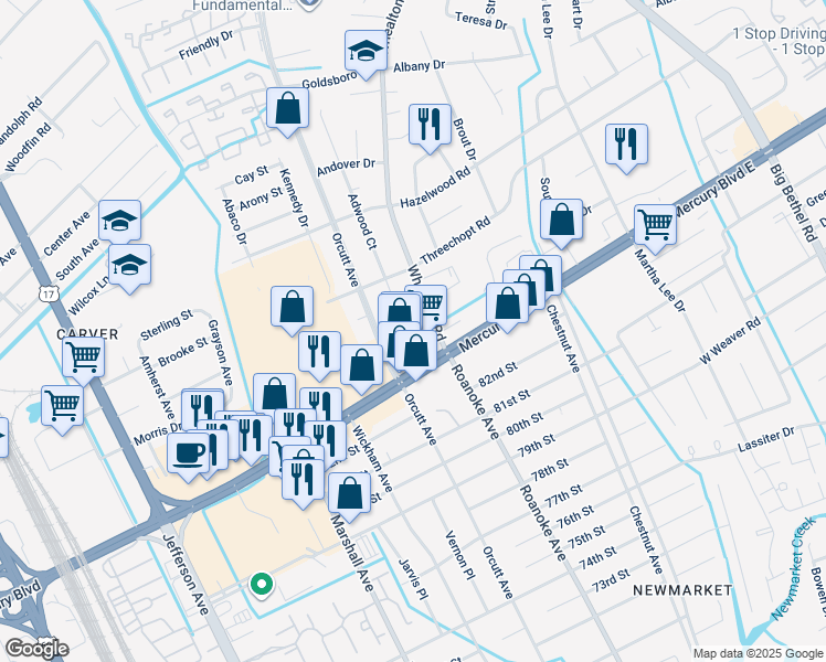 map of restaurants, bars, coffee shops, grocery stores, and more near 310 Adwood Court in Hampton