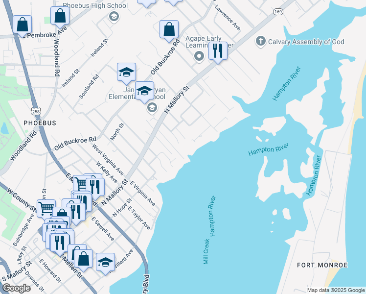 map of restaurants, bars, coffee shops, grocery stores, and more near 936 Wilson Lane in Hampton