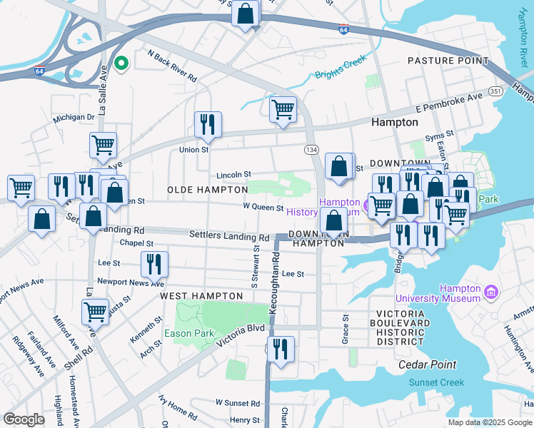 map of restaurants, bars, coffee shops, grocery stores, and more near 275 West Queen Street in Hampton