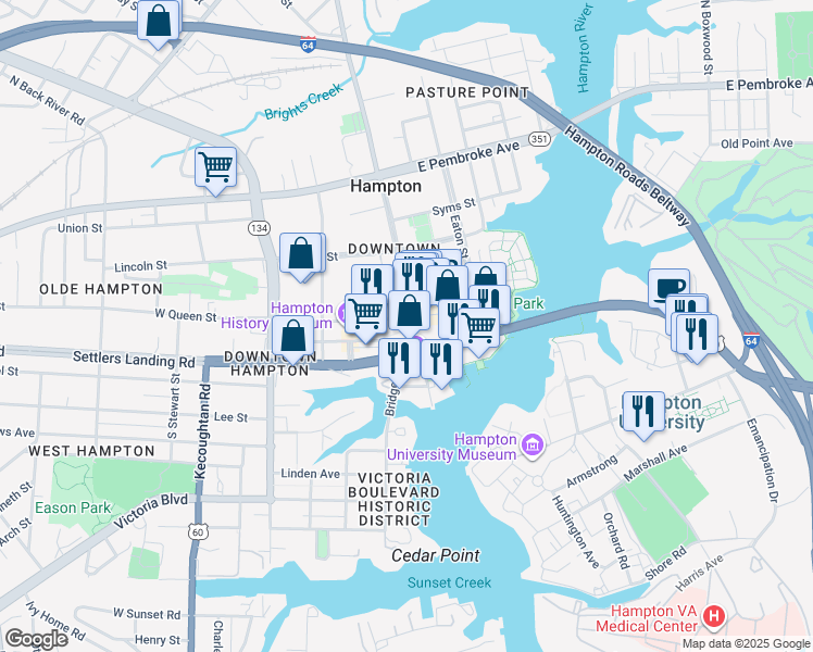map of restaurants, bars, coffee shops, grocery stores, and more near 7 East Queens Way in Hampton