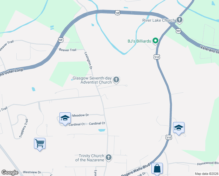 map of restaurants, bars, coffee shops, grocery stores, and more near 101-133 Stewart Dr in Glasgow