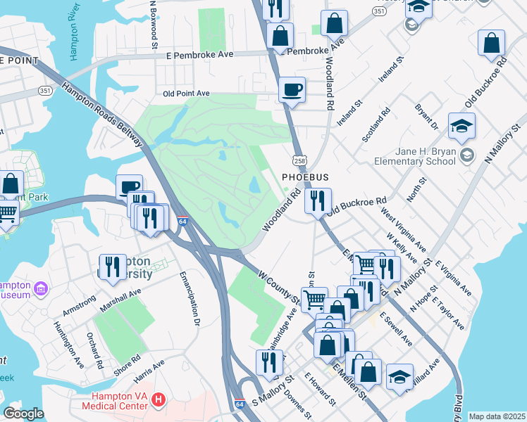 map of restaurants, bars, coffee shops, grocery stores, and more near 39 Woodland Road in Hampton