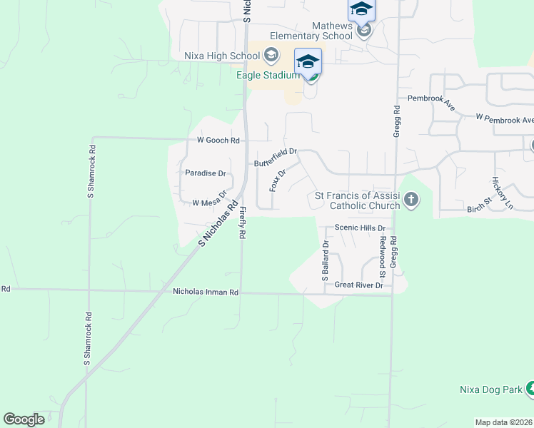 map of restaurants, bars, coffee shops, grocery stores, and more near 817 Foxx Drive in Nixa