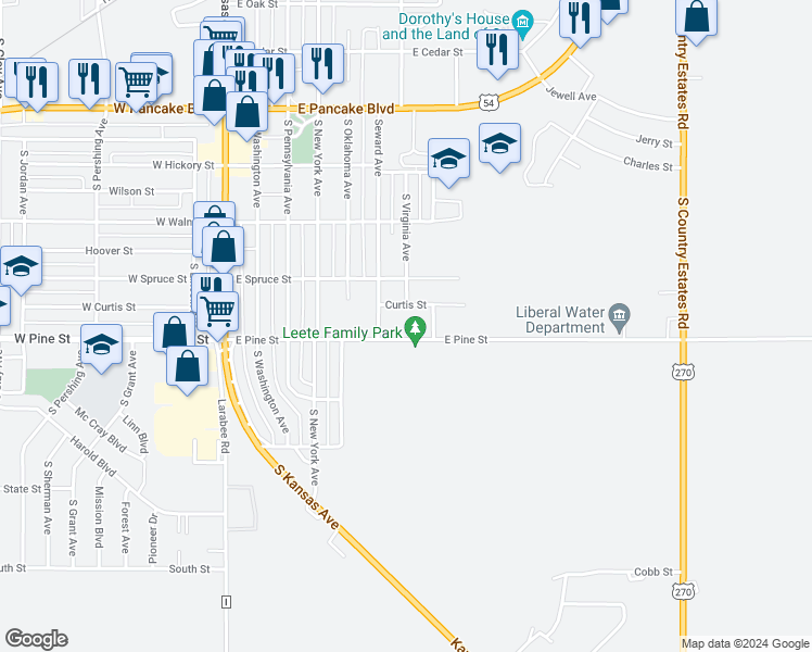 map of restaurants, bars, coffee shops, grocery stores, and more near 612 Curtis Street in Liberal