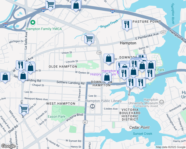 map of restaurants, bars, coffee shops, grocery stores, and more near 240 West Queen Street in Hampton