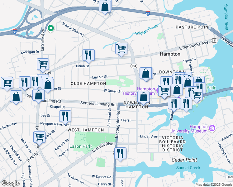 map of restaurants, bars, coffee shops, grocery stores, and more near 302 West Queen Street in Hampton