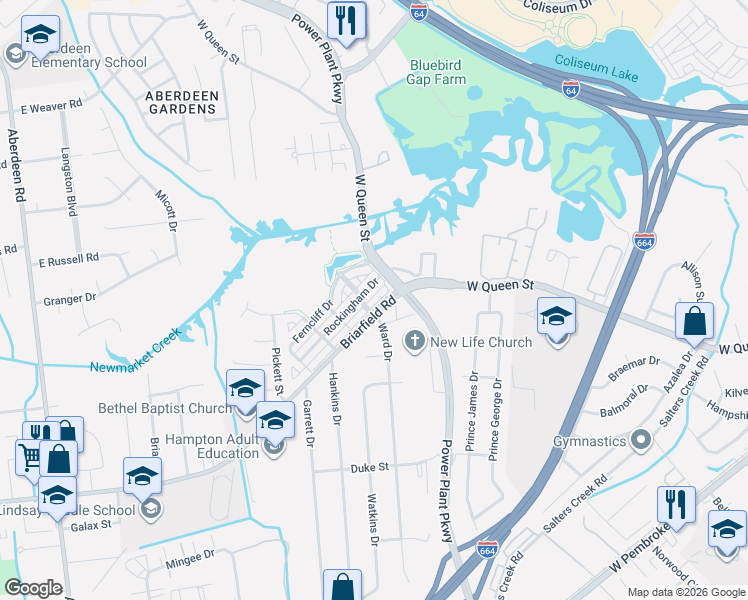 map of restaurants, bars, coffee shops, grocery stores, and more near 8 Rockingham Drive in Hampton
