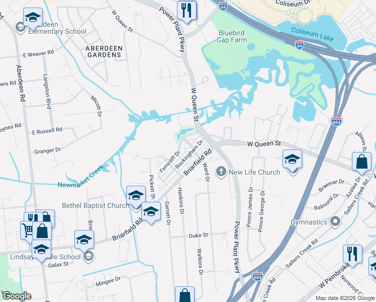 map of restaurants, bars, coffee shops, grocery stores, and more near 17 Ferncliff Drive in Hampton
