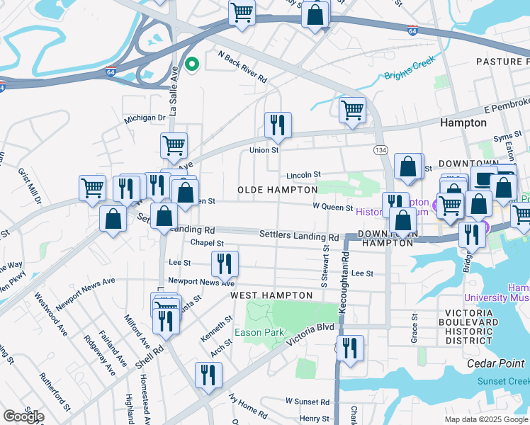 map of restaurants, bars, coffee shops, grocery stores, and more near 511 West Queen Street in Hampton