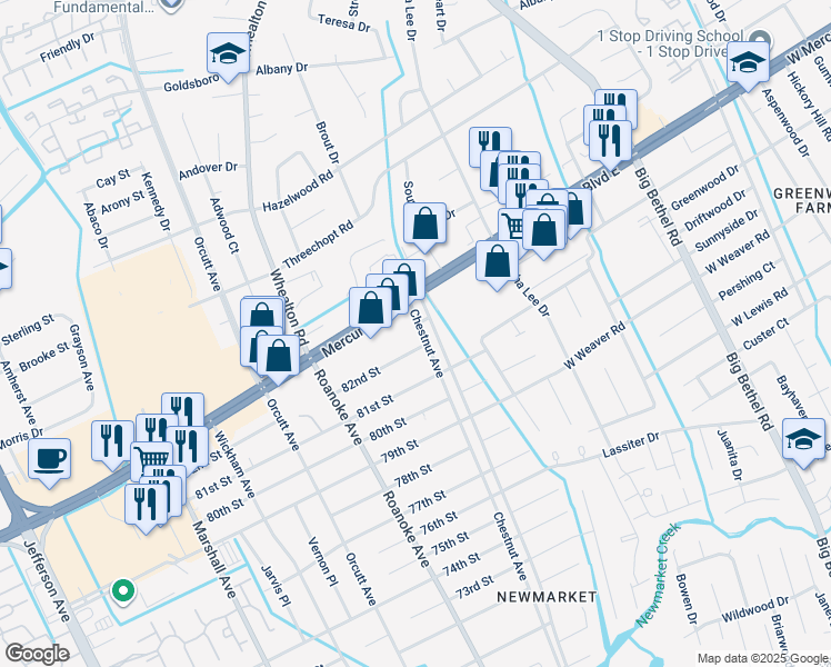 map of restaurants, bars, coffee shops, grocery stores, and more near 8203 Chestnut Avenue in Hampton
