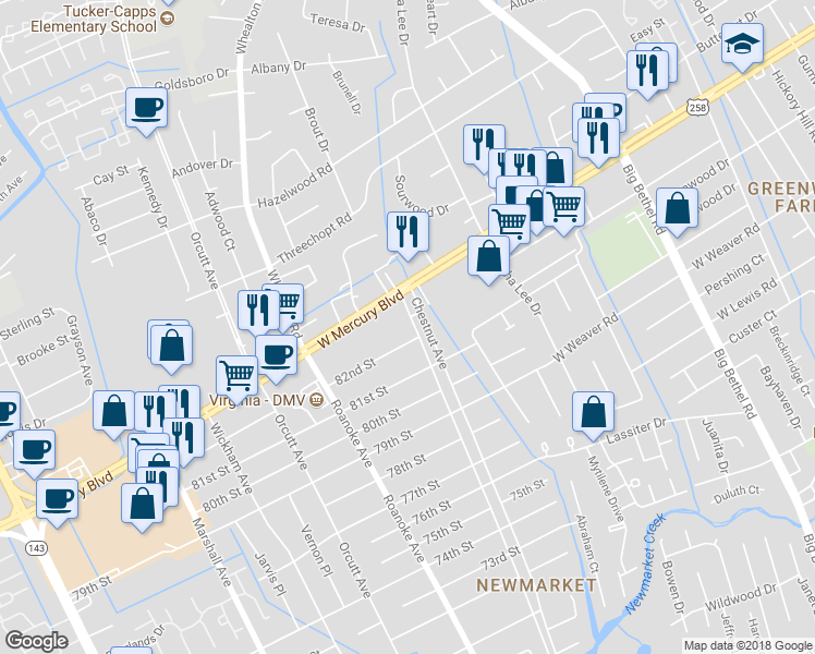 map of restaurants, bars, coffee shops, grocery stores, and more near 8203 Chestnut Avenue in Hampton